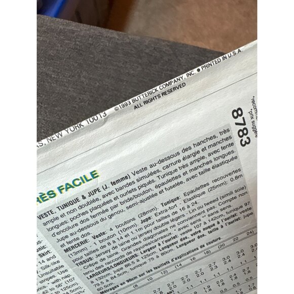 Vogue Sewing Pattern 8783 Womens Jacket Tunic & Skirt Sizes 8-10-12 Uncut 1993 - Picture 4 of 5